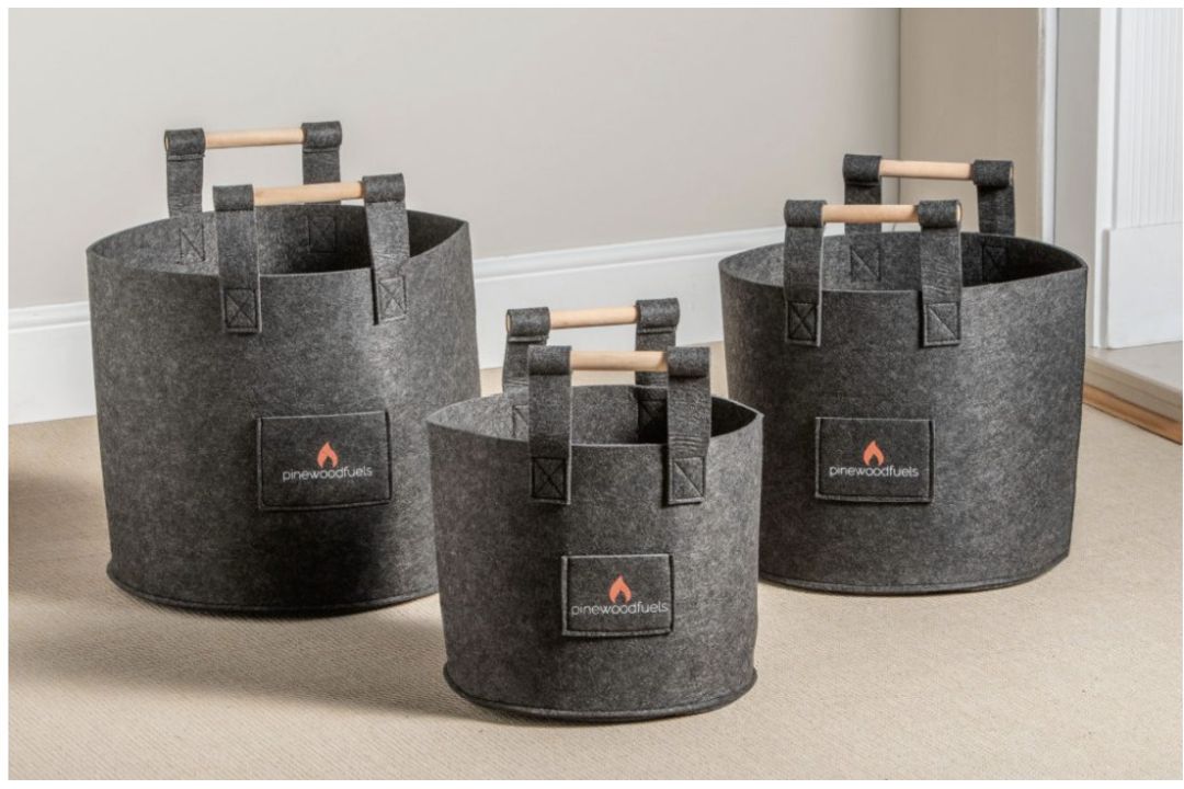 4 x Pinewood Fuels Felt Storage Baskets, Wood Handle, Set of 3 Storage Bags, Dark Grey, The set of