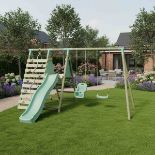 Boxed Mercia Wooden Round Pole Single Swing & Baby Seat Swing With Climbing Wall & Slide (LOC: SR6(