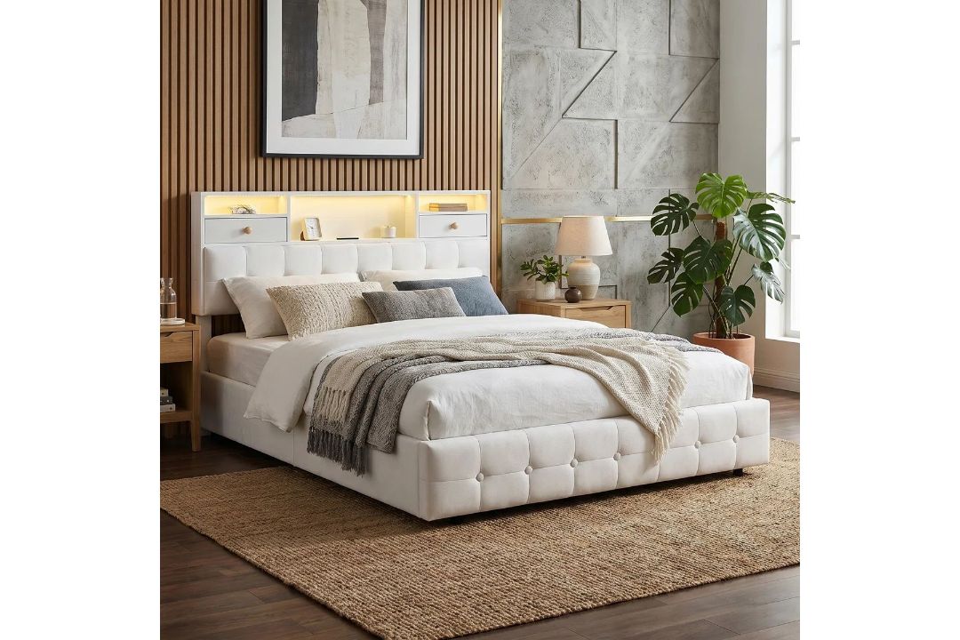 Boxed Velvet Ottoman Bed with RGB LED & Charging Station, Tufted Storage Headboard with Drawers Euro - Image 2 of 2