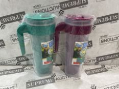 40 X BRAND NEW PLASTIC JUG WITH FILTER AND 4 DRINKING CUPS COLOURS MAY VARY (LOC: 20.10.-QQ2479 -
