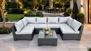 New & Boxed Ariella Luxury 6-Seater Rattan Garden Set with Glass-Top Table RRP: £1,499. Transform