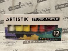 8 X BRAND NEW Studio Acrylic Paints - 12 x 75ml Acrylic Paint Tube Set with 3 Brushes - Premium