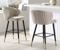 Boxed Langham Set of 2 Oatmeal Woven Fabric Upholstered Carver Counter Stools. RRP £269.99. Newly