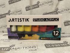 8 X BRAND NEW Studio Acrylic Paints - 12 x 75ml Acrylic Paint Tube Set with 3 Brushes - Premium