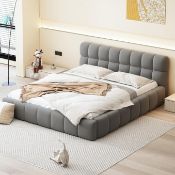 Boxed Linen Upholstered Bed with Lace Trim, Grey, British Size 90x190cm, British Size Lace Bed (