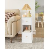 Boxed Slim Bedside Table, Narrow Side Table with 2 Drawers, Bedside Cabinet with Open Compartment,
