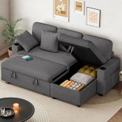 Boxed L-Shaped Corner Sofa Bed with Storage and USB, 3 Seater Grey Sleeper Couch (contains 3