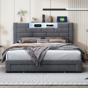 Boxed Torfred Velvet Storage Bed with Drawers, LED Headboard Shelf & USB Charging Ports Kingsize (