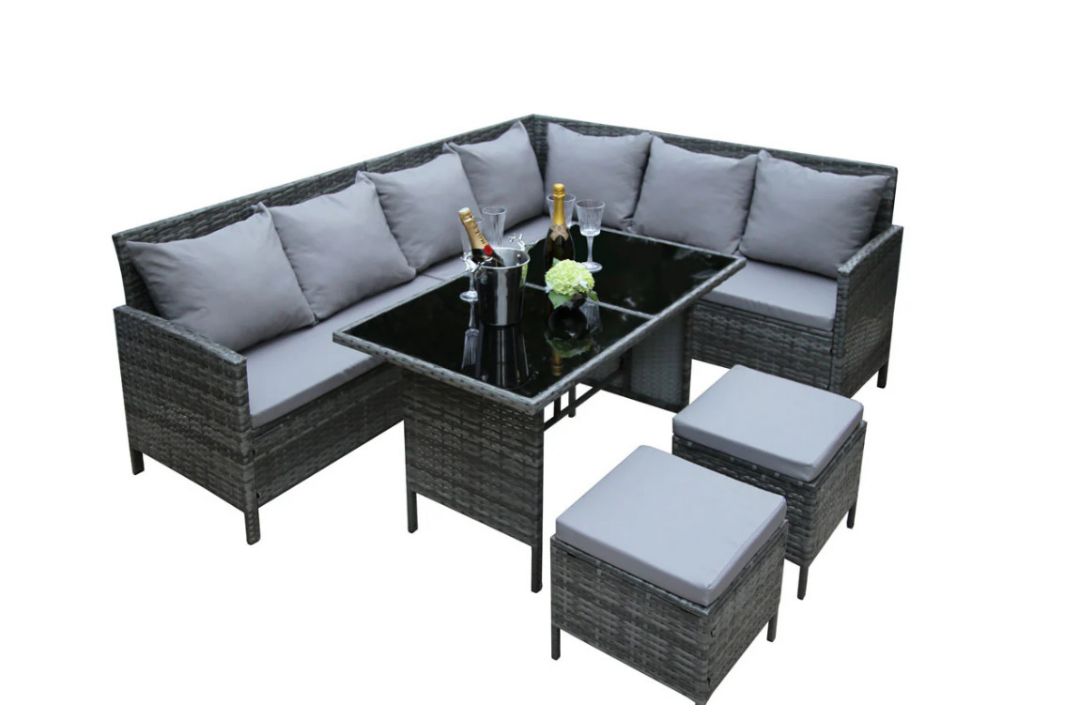 New & Boxed Luxury Corner Garden Dining Set – Grey Rattan Sofa Set with Table & Footstools. - Image 3 of 4