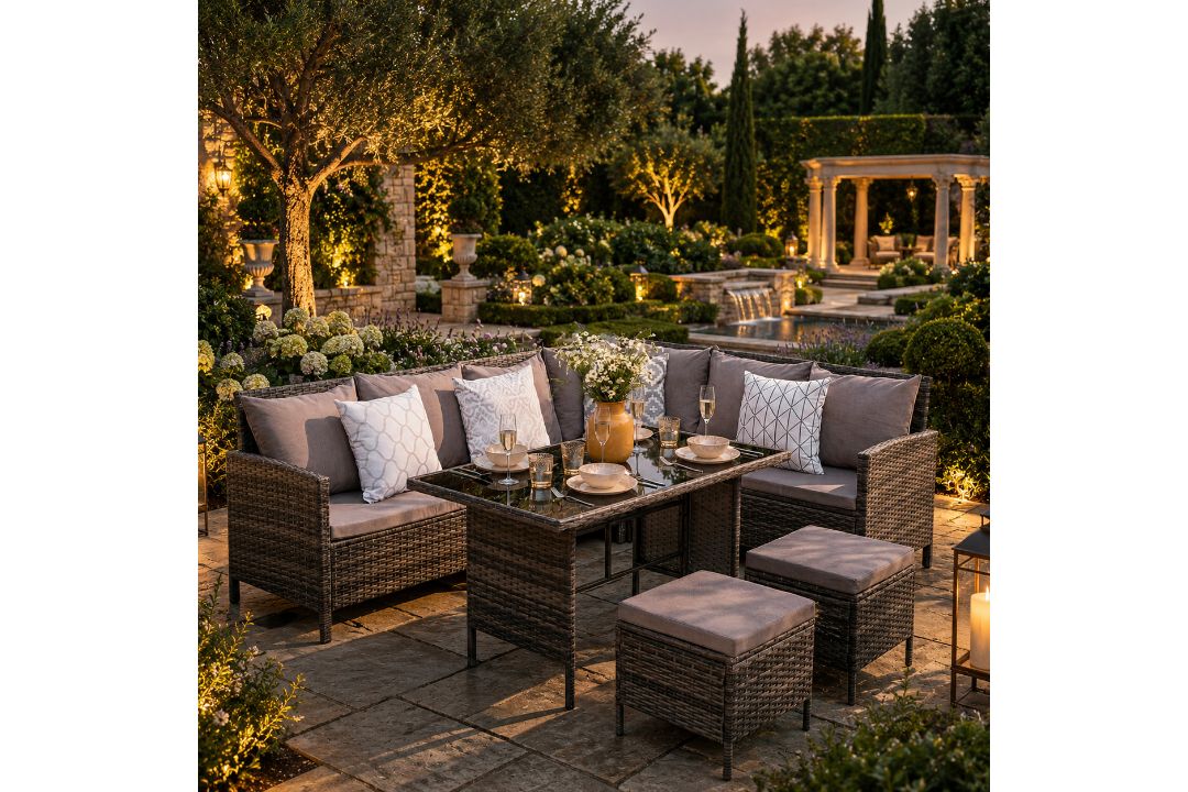 New & Boxed Luxury Corner Garden Dining Set – Grey Rattan Sofa Set with Table & Footstools. - Image 1 of 4
