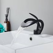 Boxed Modern Elegant Waterfall Bathroom Basin Tap Single Lever Handle Solid Brass in Black. RRP £