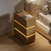 Boxed Smart LED Natural Nightstand Wireless Charging Station Wood Bedside Table with Light. RRP £