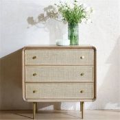 Tural Mid-Century Modern Natural Cabinet 3-Drawer Chest Rattan Woven in Gold. RRP £999.99. (LOC: