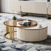 Boxed Round Glass Coffee Table, Sintered Stone Off-White Nesting Table for Living Room. RRP £749.99.