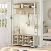 Boxed Coat Rack with Shoe Storage, Hall Tree with Bench for Hallway, 14 Open Compartments (LOC:
