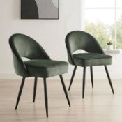 Boxed Oakley Set of 2 Dark Green Velvet Upholstered Dining Chairs with Contrast Piping RRP £299.