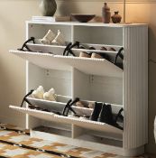 Boxed Maru 4-Door Shoe Storage Cabinet, Washed White. RRP £379.99. Sleek, textural, and