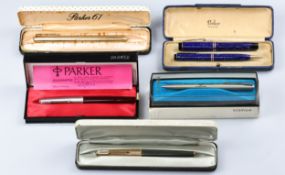 Parker, five cased pens, comprising a 12ct rolled gold Parker 51, 1957, in misattributed 61 box,