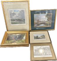 Five assorted framed pictures and prints depicting various scenes:18 inches tall x 14 deep