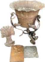 Selection of metalware to include an intricate plant pot, cast iron swan etc
