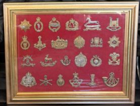 Framed selection of vintage cap badges - 24 in total, frame measures 13 x 15.5 inches