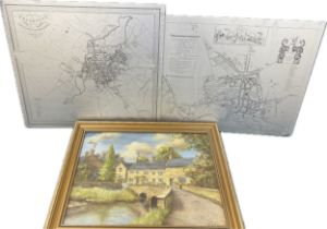 Selection of pictures to include 2 x metal etchings of Leicester and a framed painting