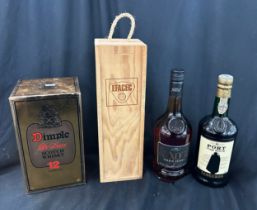 Selection of sealed alcohol too include Sandeman Port, Dimple Scotch Whisky, Brandy, one in original