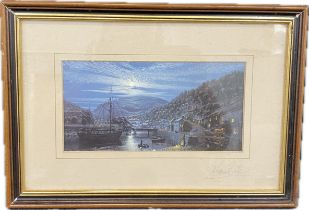 Signed print titled "Home to Lynmouth on a moonlit tide" signed by Maurice Bishop measuring 13" x