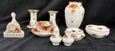 Royal Albert Old Country Rose china to include vase, pair candlesticks, lidded trinkets, etc