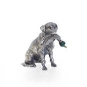 A cast-metal sculpture of a dog with a mallard drake Late 20th century
