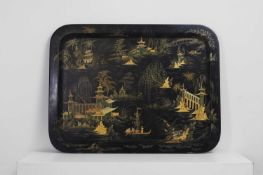 A Victorian parcel-gilt and black-lacquered papier mâché tray by Jennens & Bettridge Mid-19th centur