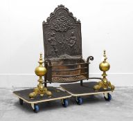 A Continental cast iron fireback and wrought iron firegrate 19th century, in the 17th century taste