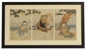 A Japanese woodblock triptych print 19th century