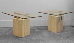 A pair of Artedi travertine, brass, and glass occasional tables Circa 1980, Italian
