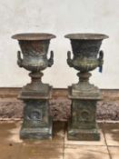 A pair of cast iron Campana urns and stands 20th century