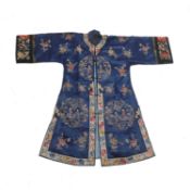 A Chinese ladies' blue silk embroidered summer robe Early 20th century