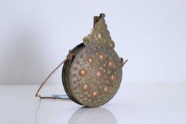 A North African copper and brass powder flask, probably Moroccan or Algerian, 19th century,