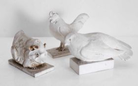 Three plaster models of a dove, a hen and a guinea pig, early 20th century,