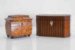 A Victorian tortoiseshell tea caddy and a George III inlaid satinwood tea caddy, 19th century,
