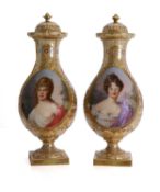 A pair of Vienna squat pedestal baluster lidded vases, second half of the 19th century,