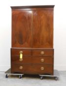 A George III mahogany inlaid linen press, Late 19th century / early 20th century,