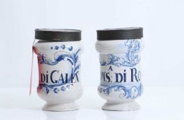 A pair of Italian blue and white maiolica albarelli, 19th century, probably Deruta,