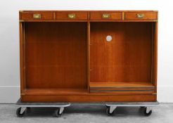 Two mahogany campaign style open bookcases, of recent manufacture, in the 19th century style,