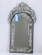 A Venetian style etched glass wall mirror, 20th century,