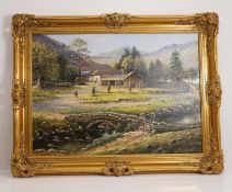 ▲ Paul Harley (British, 1943-2021) Cottages by a river with mountains beyond