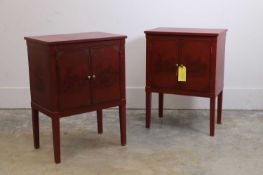 A pair of red japanned bedside chests, of modern manufacture,