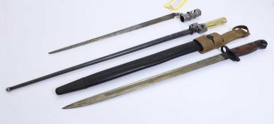 A group of three bayonets, Lee Enfield, Martini Henry, French Label