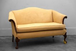 A suede and mahogany carved show frame settee, 20th century,