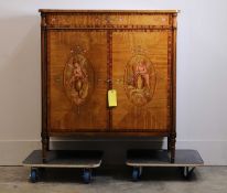 A Sheraton Revival inlaid satinwood and painted cabinet, of recent manufacture,