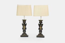 A pair of gilt and black japanned table lamps, of recent manufacture,